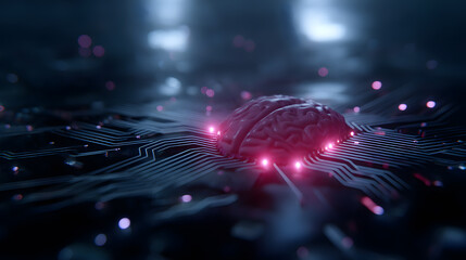 Artificial Intelligence: A stylized, futuristic illustration showcasing the fusion of technology and human intelligence, a glowing brain is nestled within a complex circuit board.