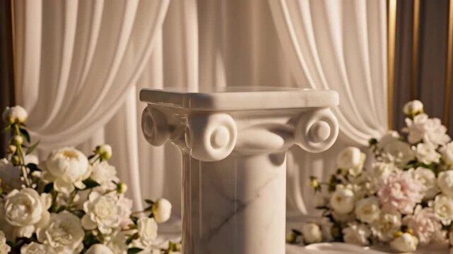 Elegant white marble pedestal with floral arrangements on either side in front of draped curtains.