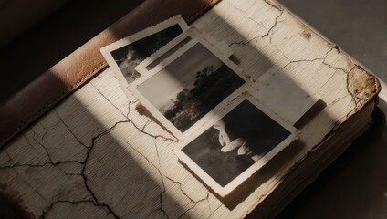 Vintage photographs scattered on a textured surface bathed in sunlight.