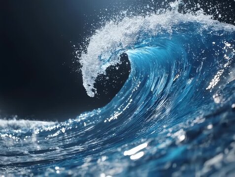 A curling, glassy wave crashes with a frothy, white crest