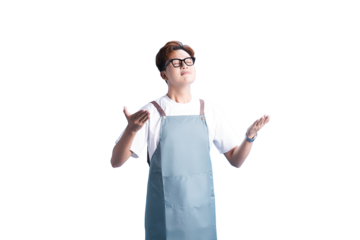 Chef's Deliberation: A chef, adorned in a light blue apron and eyeglasses, is in deep thought or enjoying the serenity. The chef's eyes are gently closed, and both hands are opened on both sides.