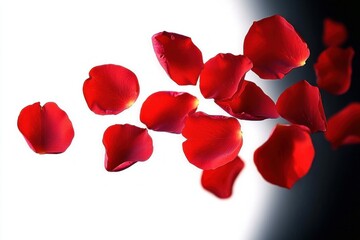 Scattered red rose petals floating across a high-contrast white and dark background, delicate velvety texture and romantic mood
