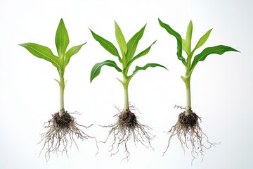 three young green corn seedlings with exposed roots on a white background evoking fresh growth and vitality