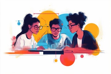 Three colleagues around a tablet analyzing colorful charts and graphs, collaborating with focused and engaged energy in a vibrant abstract workspace