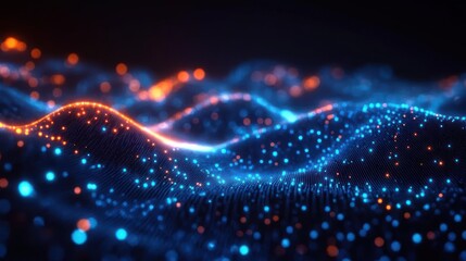 glowing blue and orange particle waves forming an undulating digital grid on a dark background, evoking a futuristic, dynamic and mesmerizing energy