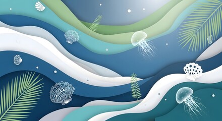Underwater world with jellyfish, shells, and seaweed in paper cut style, a serene and artistic depiction of marine life and ocean depths