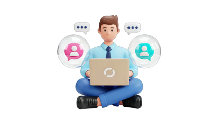 Man Using Laptop with Chat Bubbles - Online Communication