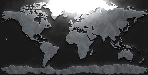 metallic textured world map with raised continents and contour lines on a dramatic dark background, illuminated by intense overhead light, sleek modern and mysterious mood