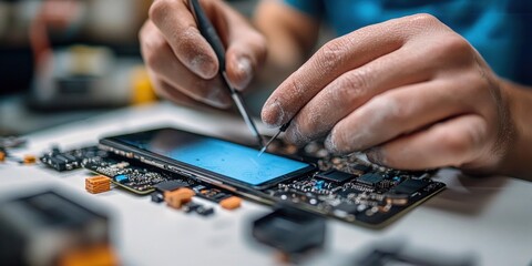 Close-up of hands using tweezers to repair a smartphone circuit board, meticulous focused concentration