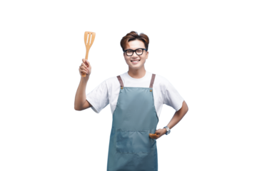 Aspiring Chef: Confident chef proudly holds up a wooden spatula, a testament to culinary passion and expertise.