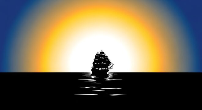 Silhouette of a ship sailing on the sea at sunset, creating a dramatic and serene scene with the sun setting behind the vessel