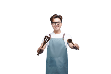 Joyful Culinary: A cheerful cook with eyeglasses embraces cooking utensils, embodying the spirit of domestic joy and culinary skill, ready to craft delicious meals and create memorable experiences.