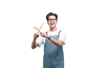 Cheerful Cook: A culinary artist exudes joy, brandishing a wooden spoon and spatula with an enthusiastic smile, ready to create delightful dishes. 