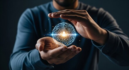 Man Protecting Glowing Digital Sphere with Hands, Futuristic AI Technology Concept