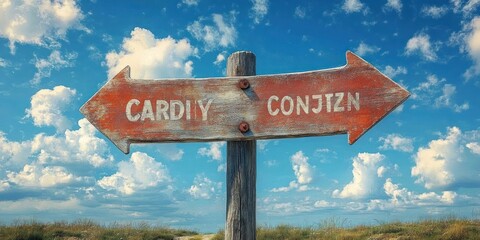 weathered wooden signpost with two red arrow boards and faded white lettering on a post in a grassy coastal landscape under a bright blue sky with puffy clouds, evoking wanderlust and nostalgia