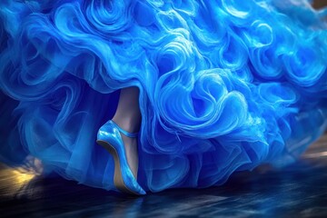 Close-up of a swirling vibrant blue ruffled gown with a single foot in a matching blue high heel, conveying graceful, dreamy movement and romantic elegance