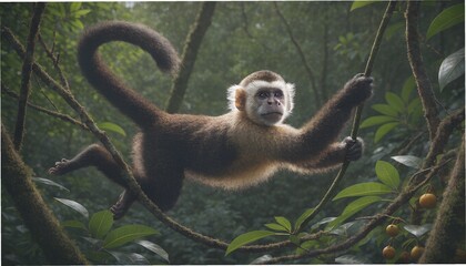 A cute baby gibbon with black and white fur sits on a tree branch in a jungle forest in Thailand, looking at the camera