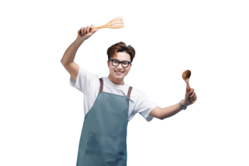 Enthusiastic Culinary Chef: A smiling chef, radiates joy and passion, holding a cooking utensil, embodies the essence of culinary artistry and gastronomic delight.