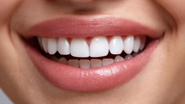 Radiant Smile: A close-up showcases a gleaming, radiant smile with perfect, white teeth and gently smiling lips. capturing a sense of genuine happiness and dental health.