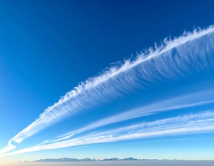 Clear blue sky with thin, wispy white clouds streaking across
