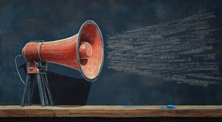 red megaphone on a tripod on a wooden ledge facing a dark chalkboard with chalk-drawn sound waves and two blue chalk sticks, conveying an urgent commanding announcement