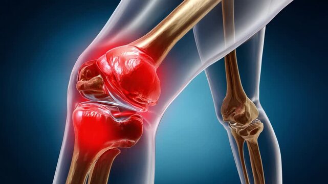 Medical Illustration of Knee Pain: A detailed medical illustration highlights the intricacies of a human knee afflicted by pain, showcasing the bone structure and areas of inflammation.