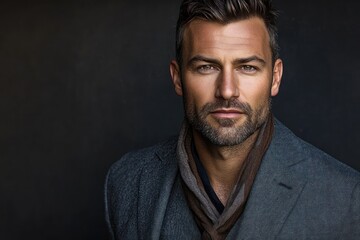 Obraz premium well-dressed man in gray blazer and layered brown scarf on dark background conveying quiet confidence