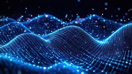 Undulating neon blue grid waves with glowing particles and sparkling dots, a futuristic mesmerizing digital landscape
