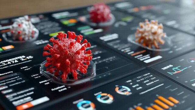 COVID-19 Analysis: Digital illustration showcasing a detailed microscopic view of the COVID-19 virus, highlighting its complex structure, with information on a digital screen. 