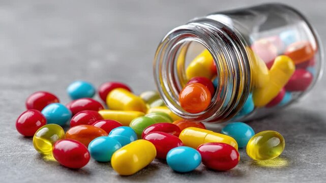 Colorful Pills Spill: Vibrant capsules and tablets spill from a glass jar, a visual narrative of medication, health, and wellness.