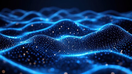 undulating glowing blue mesh of connected points and shimmering particles forming a digital wave landscape, evoking a calm futuristic and mysterious mood