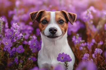 small white dog with brown ears sitting among vibrant purple wildflowers holding a blossom, peaceful and content in warm soft light