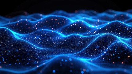 Futuristic glowing blue digital wave grid with scattered light particles, serene undulating data landscape and sparkling points