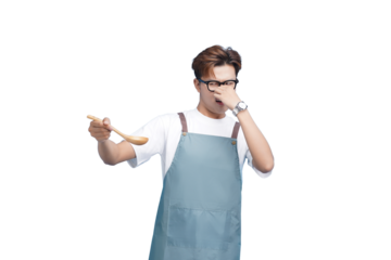Unpleasant Culinary Experience: A chef in an apron recoils from a dish, using hand to cover nose and holding a wooden spoon