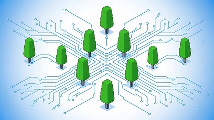 digital forest network of connected trees on circuit board lines illustrating green technology smart environment and sustainable innovation