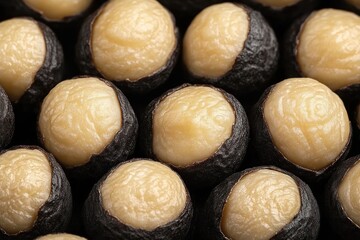 close-up of creamy pale macadamia kernels nestled in dark shells in a tight repeating pattern, evoking richness and tactile satisfaction