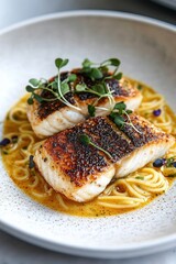Two pan-seared white fish fillets with golden crispy skin on a nest of thin noodles in a rich golden broth, garnished with microgreens and edible flowers, sumptuous and comforting