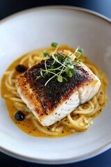 pan-seared white fish fillet with crispy browned crust on creamy pasta, topped with microgreens and olives, elegant and appetizing plated presentation