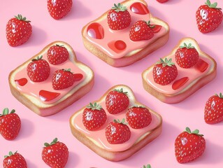 glossy fresh strawberries on creamy pink glazed toast squares scattered on a pastel pink background, playful sweet and cheerful dessert scene