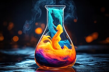 a glass laboratory flask on a reflective surface filled with swirling blue, orange, purple and yellow vapor-like liquids, glowing against a dark bokeh background and evoking mysterious wonder