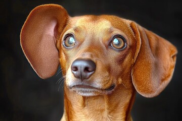 Close-up of a brown dog showing both floppy ears and neck against a dark background, calm attentive mood