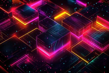 Glowing neon cubes and layered square platforms with magenta, yellow and cyan light streaks and floating particles in a dark futuristic grid, energetic and mysterious