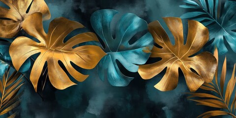gold and teal monstera and palm leaves on a dark textured background, elegant luxurious tropical botanical composition with a serene sophisticated mood