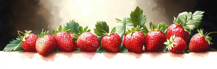 row of ripe red strawberries with green leaves on a white surface against a soft dark-to-light painted background, bright inviting and fresh