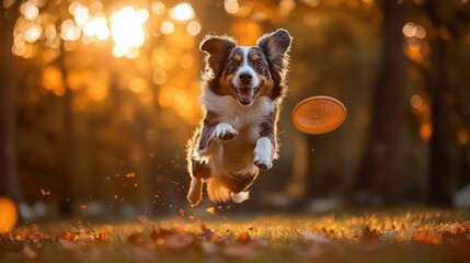 Joyful dog leaping midair to catch an orange frisbee in a sunlit autumn park with scattering leaves and warm golden sunset light, playful energetic mood