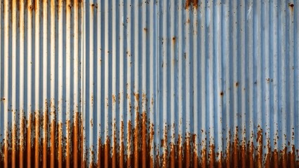 Close-up of a rusty corrugated metal wall with a blue-gray background and orange rust stains at the bottom.