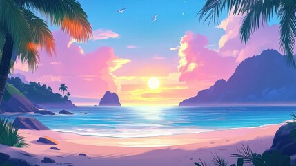 tropical palm-framed beach at sunset with calm turquoise sea, distant rocky islands and mountains, soft pastel sky, seagulls and a serene tranquil mood