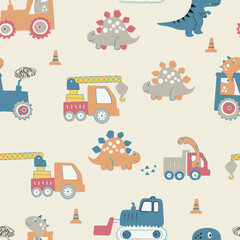 Fototapeta premium Seamless children’s pattern with cute dinosaurs and construction vehicles in pastel colors on a soft beige background. kids textiles, nursery wallpapers, gift wrap, stationery, baby apparel.