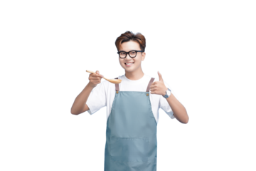 Culinary Connoisseur's Approval: A smiling individual in a apron savoring the taste of a dish, exuding confidence and culinary expertise. with thumbs up