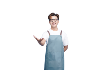 Friendly Welcoming gesture: A smiling person in an apron extends a welcoming hand with an inviting expression, ready to greet and assist, exuding approachability and helpfulness.